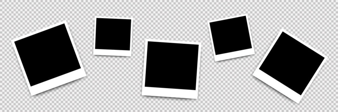 Composition of realistic black photo frames on transparent background. Mockup for design