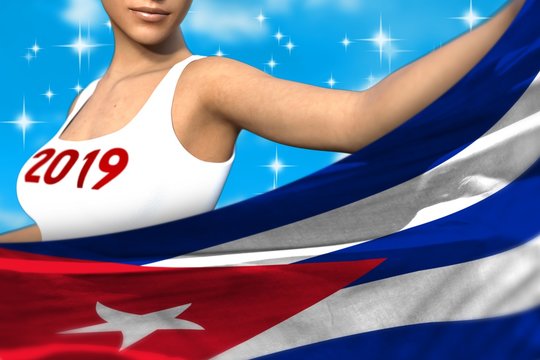 beautiful girl holds Cuba flag in front on the light blue colorful clouds - Christmas and 2019 New Year flag concept 3d illustration