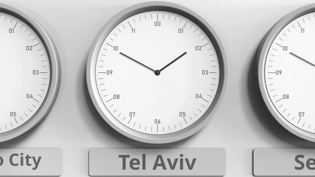 Focus on the clock showing Tel Aviv, Israel time. 3D animation