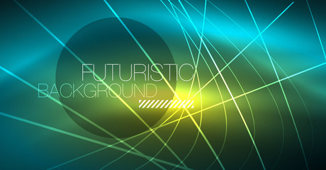 Digital technology abstract background - neon geometric design. Abstract glowing lines. Colorful techno background. Futuristic shape.
