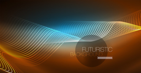 Abstract shiny glowinng color wave design element on dark background - science or technology concept