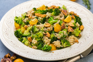 Warm quinoa, broccoli and walnut salad.