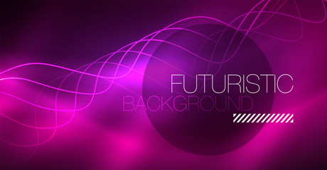 Abstract shiny glowinng color wave design element on dark background - science or technology concept