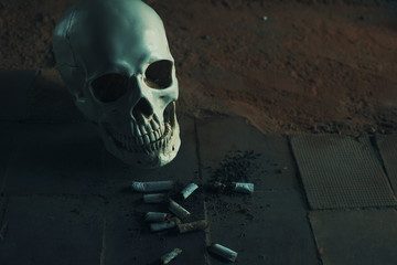 Smoking kills concept, portrait of a smoking skull