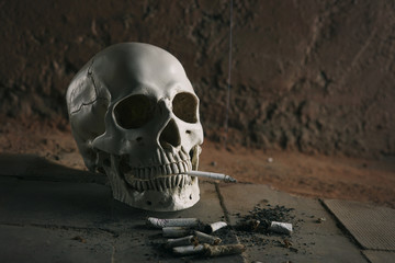 Smoking kills concept, portrait of a smoking skull
