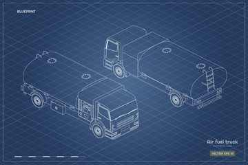 Fototapeta na wymiar Air fuel truck in isometric style. Industrial outline blueprint. Maintenance of aircraft. Airfield transport. Tanker for airplanene