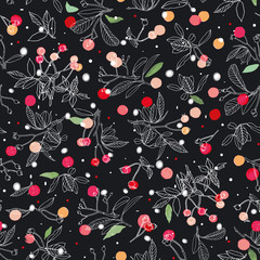 Black vector repeat pattern with white line art, rose plant, buds, dots and snow flakes. Christmas pattern. Surface pattern design.