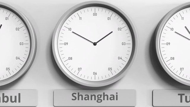Round clock showing Shanghai, China time within world time zones. 3D animation