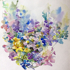 Abstract bright colored decorative background . Floral pattern handmade . Beautiful tender romantic bouquet of summer meadow flowers , made in the technique of watercolors from nature.