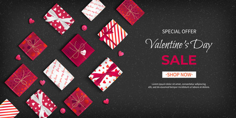 Special offer Valentine's Day Sale. Discount flyer, big seasonal sale. Horizontal Web Banner with holiday gift Boxes in different packaging, heart candy on black background. Vector Illustration.