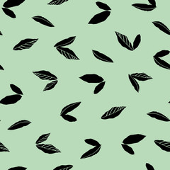 Green vector repeat pattern black silhouette leaves. Surface pattern design.