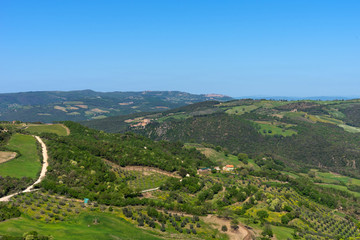 Fototapeta premium Amazing aerial view of Tuscany from Fortress of Tentennano. Beautiful panorama landscape near Castiglione d'Orcia,Tuscany, Italy