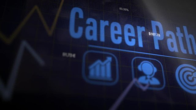 Career Paths business concept on a flashing computer monitor with moving graphs and data.
