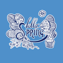 Hand drawn Easter doodle postcard. Lettering Hello Spring. Holiday symbols. Vector illustration.