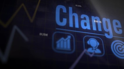 Change business concept on a flashing computer monitor with moving graphs and data.