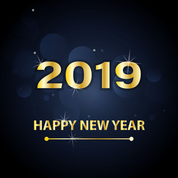 Happy New Year 2019 text design. Vector greeting illustration with golden numbers and snowflakes on a dark blue background.