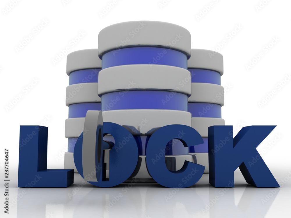 Poster 3d illustration database storage security concept. disk with lock
