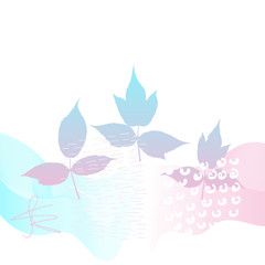 Abstract background with leaves outlines , doodles , texture and gradient ribbon in pastel colors on white background.