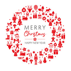 Grusskarte - dekorative rote Weihnachtssymbole auf weißem Hintergrund