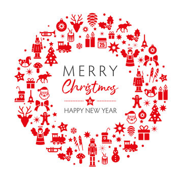 Grusskarte - dekorative rote Weihnachtssymbole auf wei&szlig;em Hintergrund