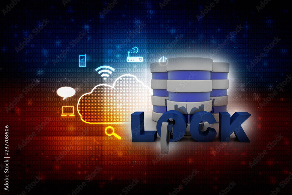 Poster 3d illustration database storage security concept. disk with lock