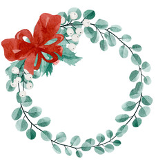 Watercolor Wreath clip art . Hand drawn decorative frame of , leaves and white and red berries tied with a bow lace.