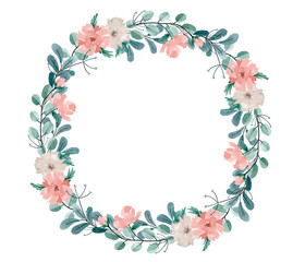Floral Watercolor Wreath clip art. Hand drawn decorative frame of leaves and berries with bow lace...