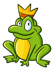 Cute and funny green frog wearing a golden crown smiling - vector.