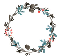 Beautiful watercolor wreath in nordic style. Hand painted clip art of decorative frame made of forest branches, leaves and berries. Unusual foliage design element.