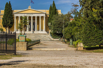 university campus antique Greek architecture building in park outdoor space for rest and walking with path way between trees in bright clear summer weather time