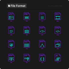 File formats thin line icons set: doc, pdf, php, html, jpg, png, txt, mov, eps, zip, css, js. Modern vector illustration.