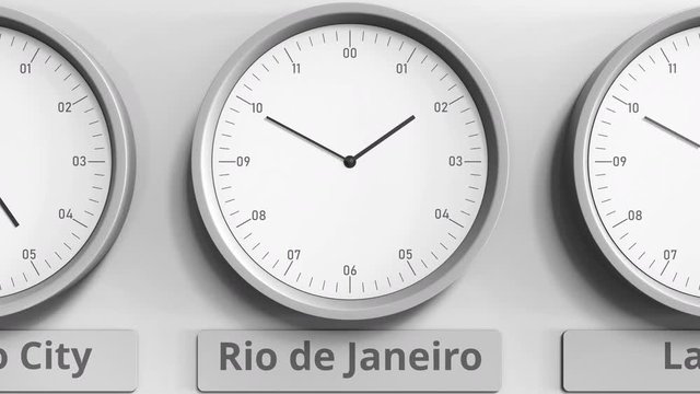 Round clock showing Rio de Janeiro, Brazil time within world time zones. 3D animation