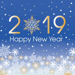 2019 Happy New Year card template. Design patern snowflakes with gold and blue color.