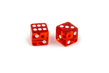 Two red glass dice isolated on white background. Six and three.