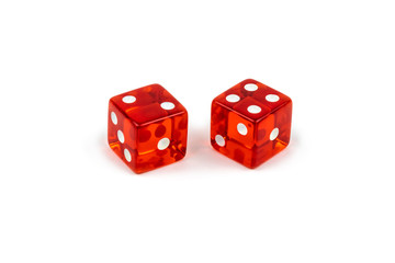 Two red glass dice isolated on white background. Two and four.