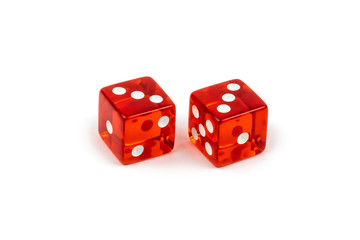 Two red glass dice isolated on white background. Three and three.