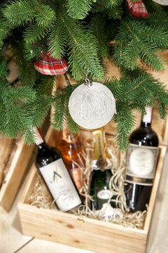 Wooden Wine Box Under The Christmas Tree