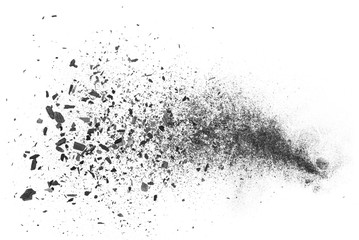 Fototapeta na wymiar Black charcoal dust, gunpowder explosion isolated on white background and texture, top view