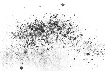 Black charcoal dust, gunpowder explosion isolated on white background and texture, top view