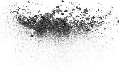 Black charcoal dust, gunpowder explosion isolated on white background and texture, top view