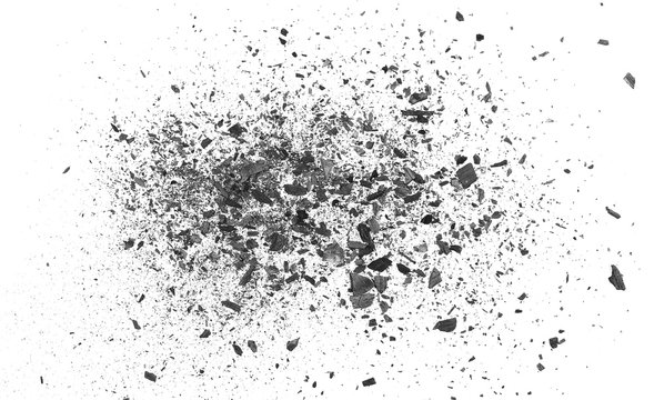 Black charcoal dust, gunpowder explosion isolated on white background and texture, top view
