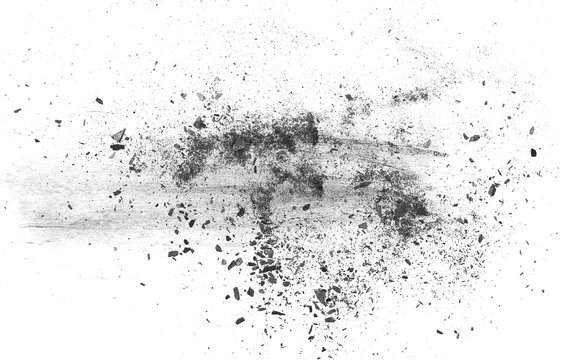 Black charcoal dust, gunpowder explosion isolated on white background and texture, top view