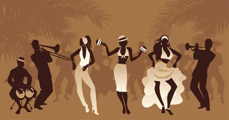 Fotobehang Salsa Party Time. Group of three girls dancing latin music and three musician playing bongos, trumpet and trombone. People and palm trees on the background © LaInspiratriz