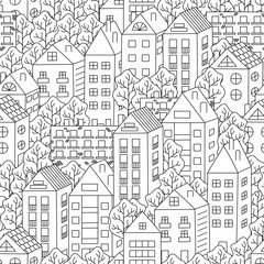 Town houses and trees seamless background. Hand-drawn black and white pattern. Vector. 