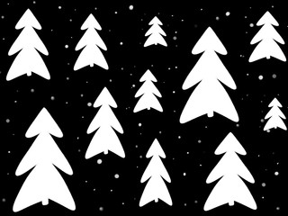 Stylish simple white christmas trees and snow on black background. Hand drawn illustration. Modern greeting card. Happy holidays.