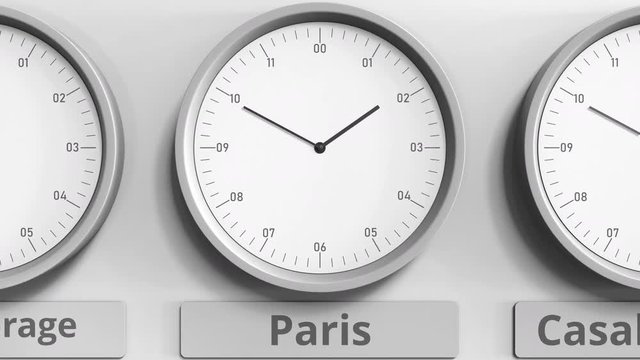 Focus on the clock showing Paris, France time. 3D animation