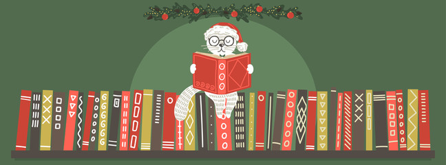 Christmas banner. Cat in Christmas hat reading book. 