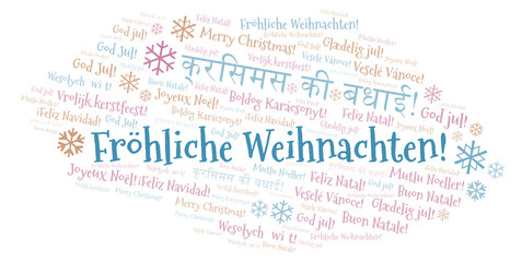 Fröhliche Weihnachten word cloud - Merry Christmas on German language and other different languages.