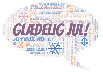 Glædelig jul word cloud - Merry Christmas on Danish language and other different languages.