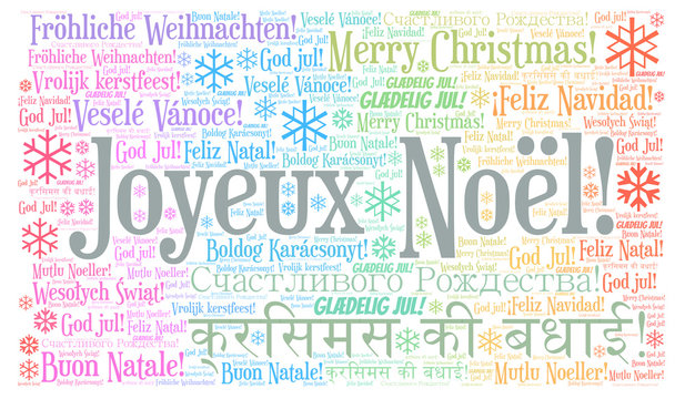 Joyeux Noël word cloud - Merry Christmas on French language and other different languages.